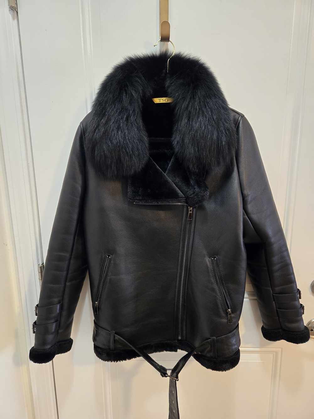 TSG Black Faux Leather Shearling Aviator Jacket Real Fur Collar Size M